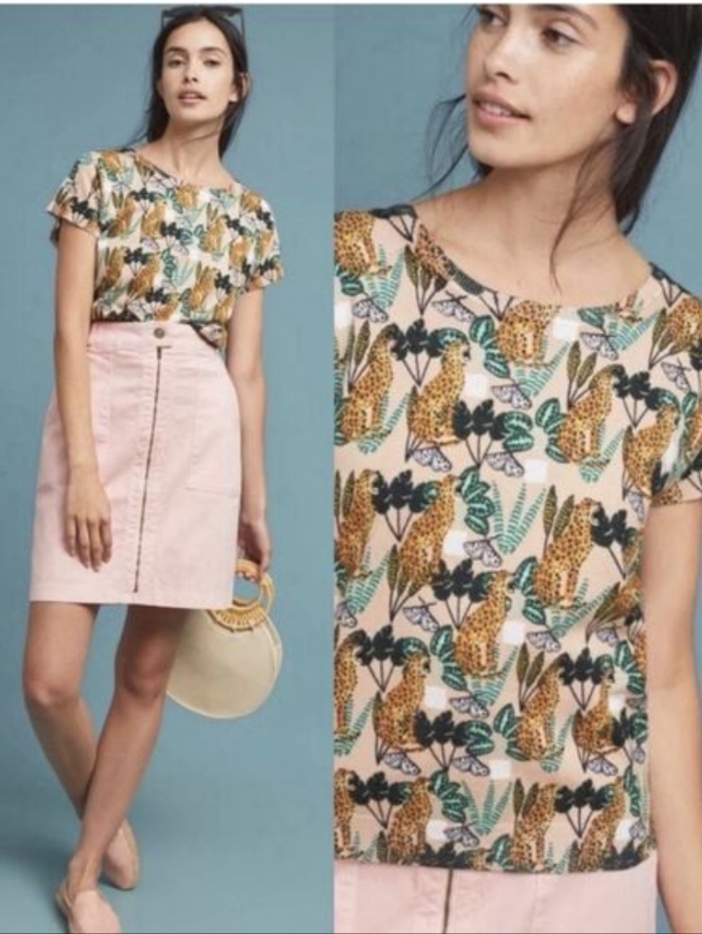 Pepaloves Anthropologie Jungle Cat Sweater Tee Tropical Boho Womens Small